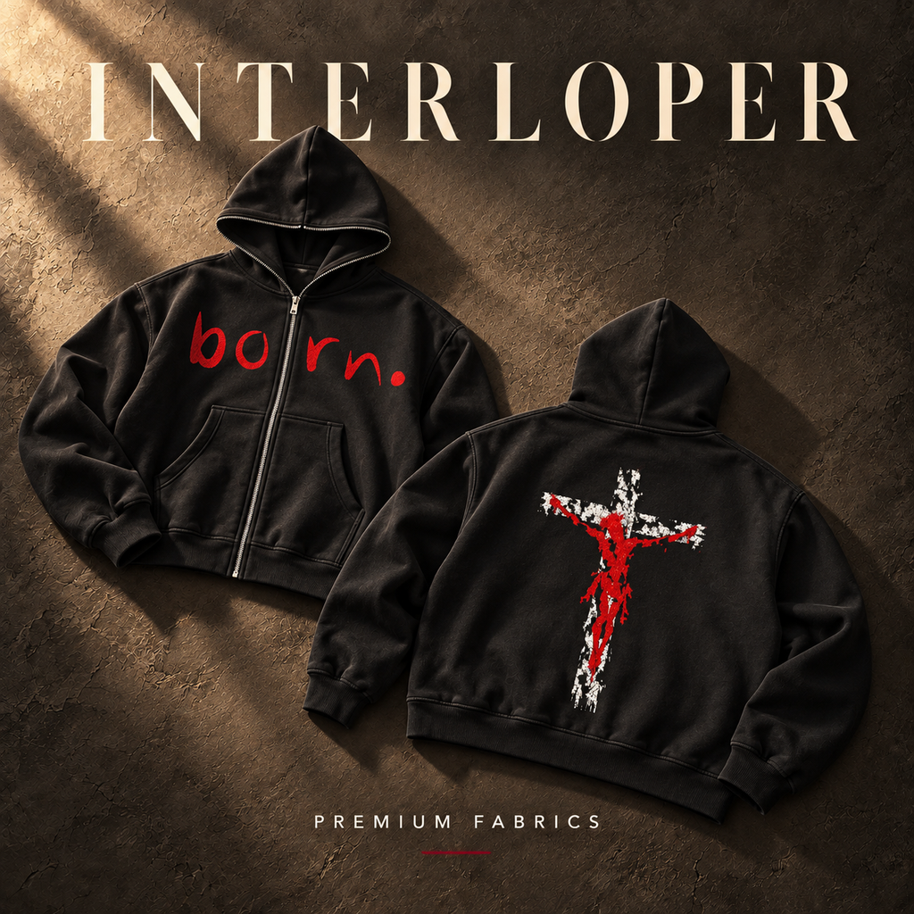 "Born" Jesus on the Cross Fleeced Full-Zip Boxy Hoodie